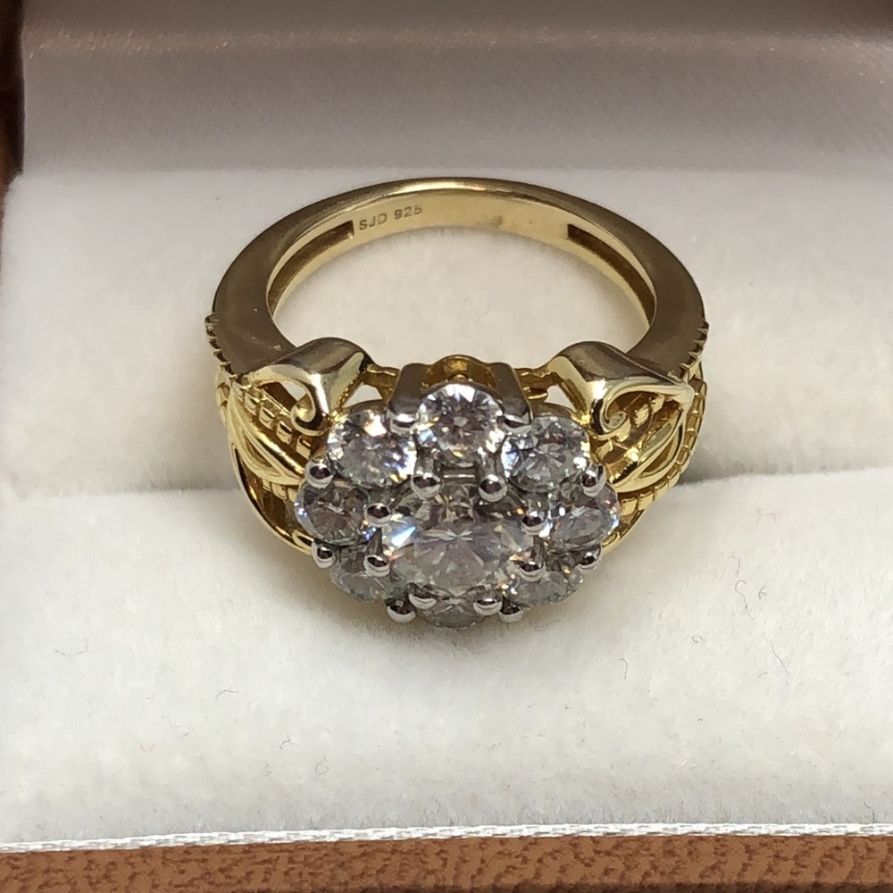 Moissanite Fire Ring 14K Yellow Gold Over 925 Silver Cluster Flower Size 6 - Picture 6 of 16
